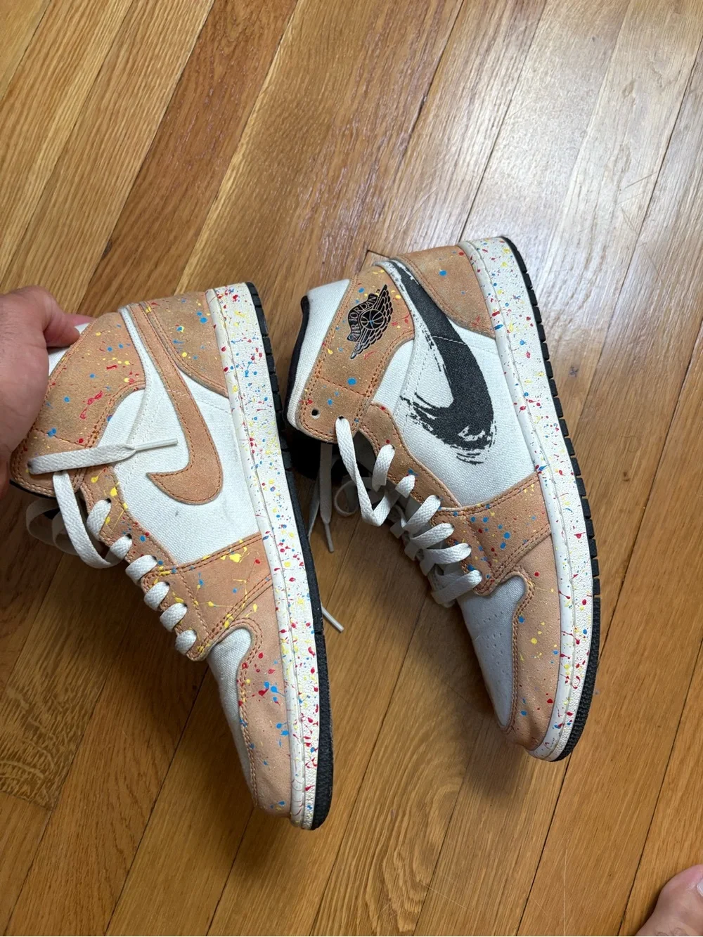 Nike Air Jordan 1 Mid White & Tan with Paint-Splatter Accents
